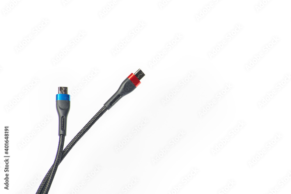 Two digital twisted usb wires with colored red and blue micro usb connectors Two digital twisted usb wires with colored red and blue micro usb connectors