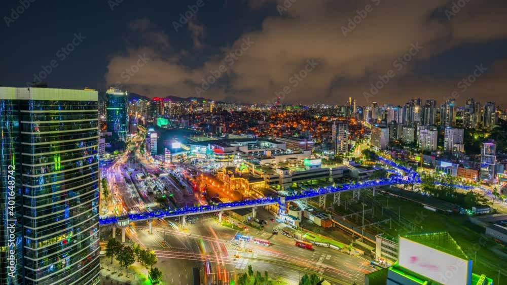 Time lapse 4k. Seoul Subway with traffic and Seoul City Skyline showing tower in the financial district night in Seoul, South korea Time lapse 4k. Seoul Subway with traffic and Seoul City Skyline showing tower in the financial district night in Seoul, South korea