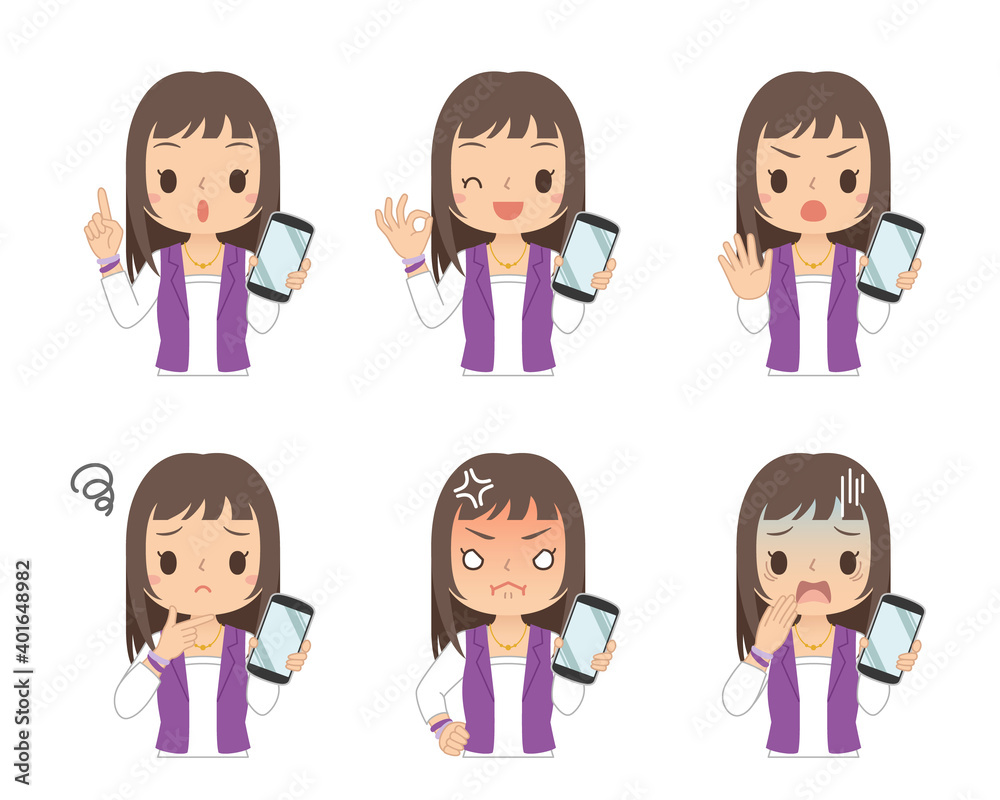 スマホを持つ女性 セット イラスト スマホを持つ女性 セット イラスト