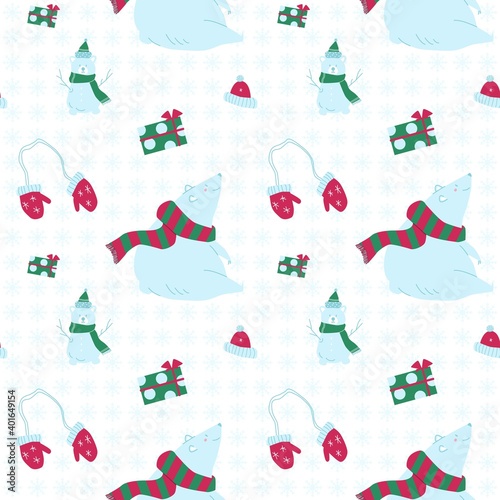 Winter pattern with sitting polar bear, snowman, mittens and gifts surrounded by snowflakes on a white background
