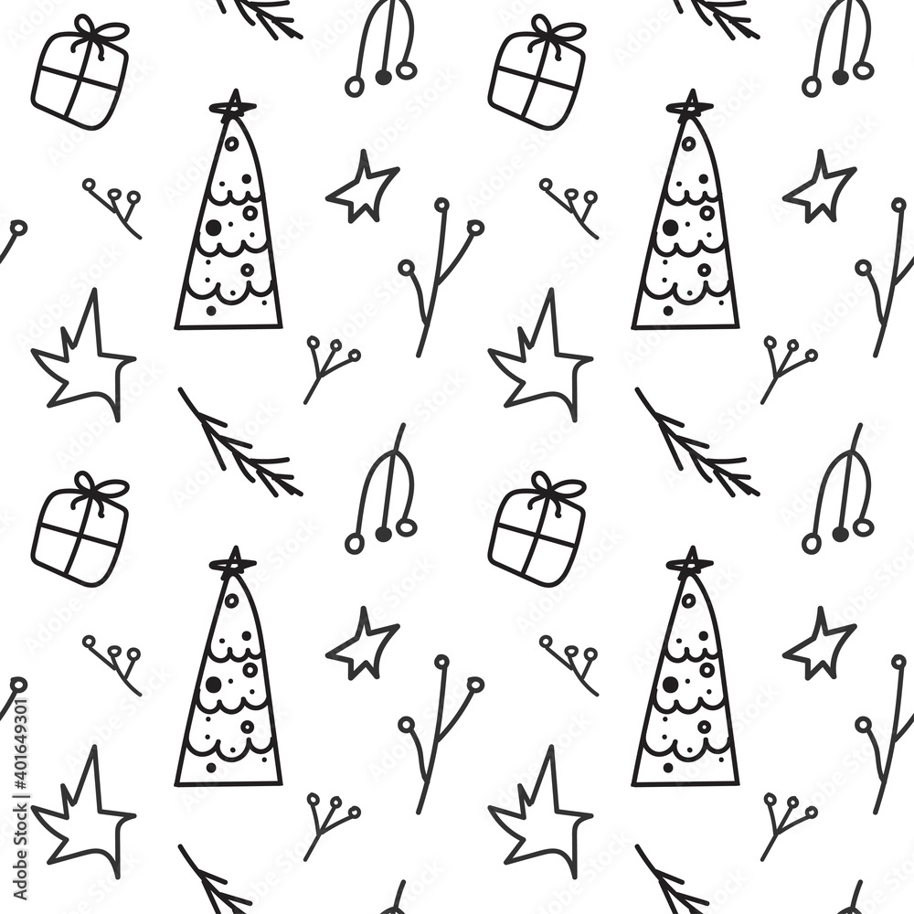 Minimalistic pattern with christmas tree, stars, gifts and branches of berries on a white background Minimalistic pattern with christmas tree, stars, gifts and branches of berries on a white background