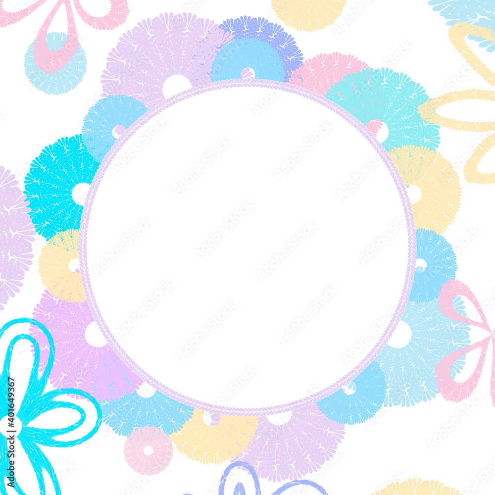 Vector square stylish frame with place for text, background decorative flowers and polka dots, multi-colored different size peas in pastel colors on a white background for paper, posters, postcards Vector square stylish frame with place for text, background decorative flowers and polka dots, multi-colored different size peas in pastel colors on a white background for paper, posters, postcards