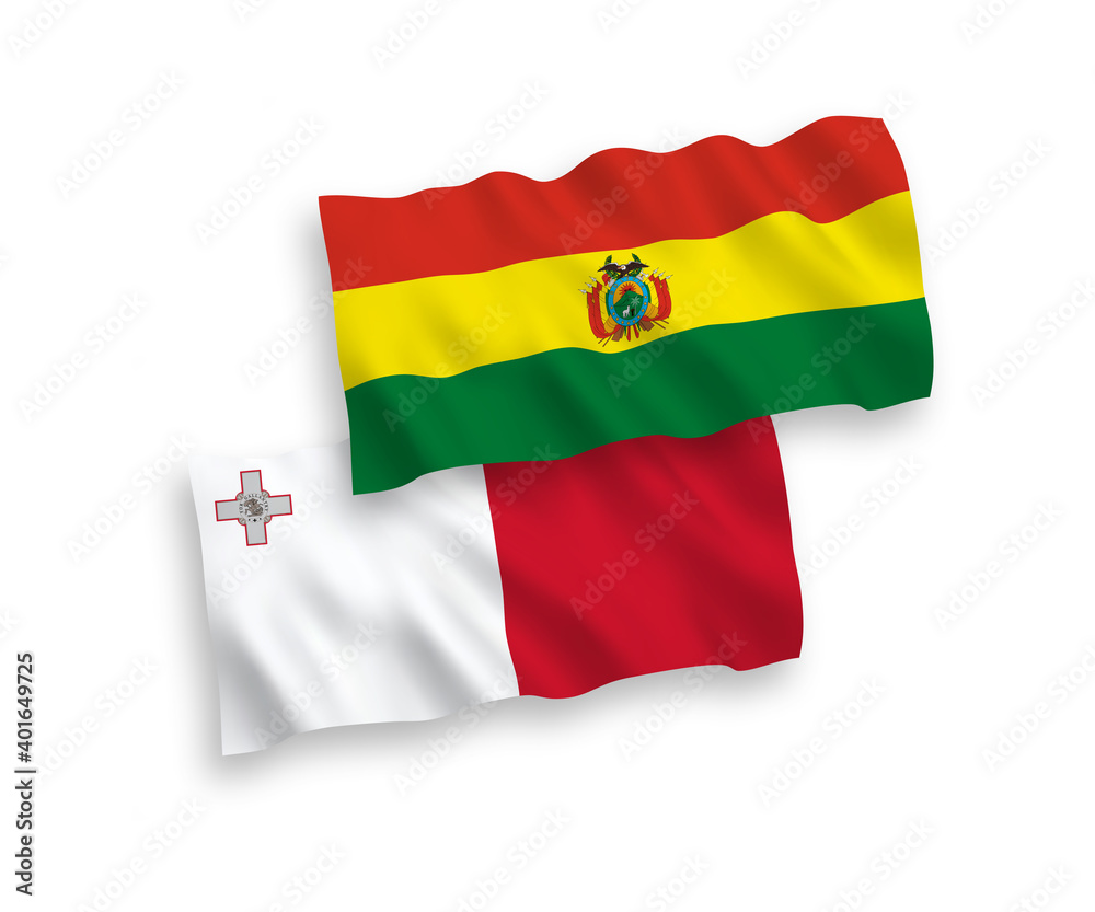 Obraz premium National vector fabric wave flags of Malta and Bolivia isolated on white background. 1 to 2 proportion.