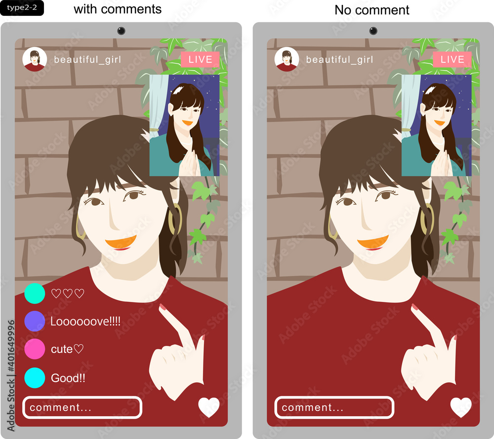 Snsライブをコラボ配信する若い女性たちを画面越しに見たイラスト4 線なし コメントありなし版 Stock Vector Adobe Stock