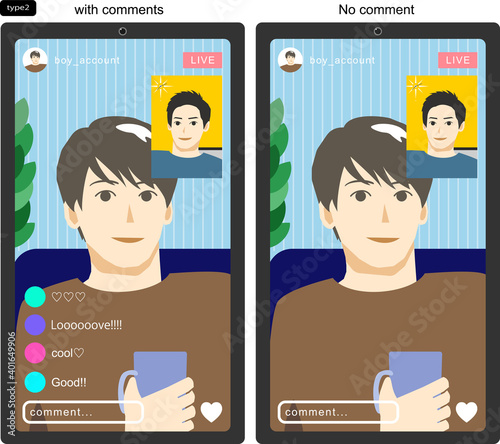 SNSライブをコラボ配信する若い男性たちを画面越しに見たイラスト2　線なし　コメントありなし版