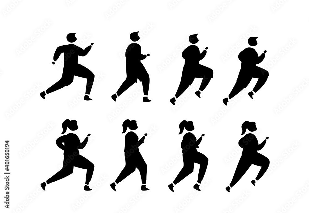 silhouettes of various styles of running men and women