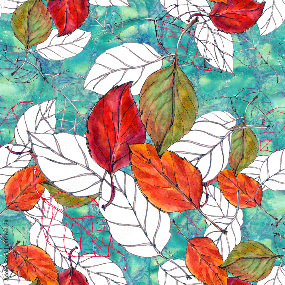 Seamless pattern with autumn leaves cherry on blue background.