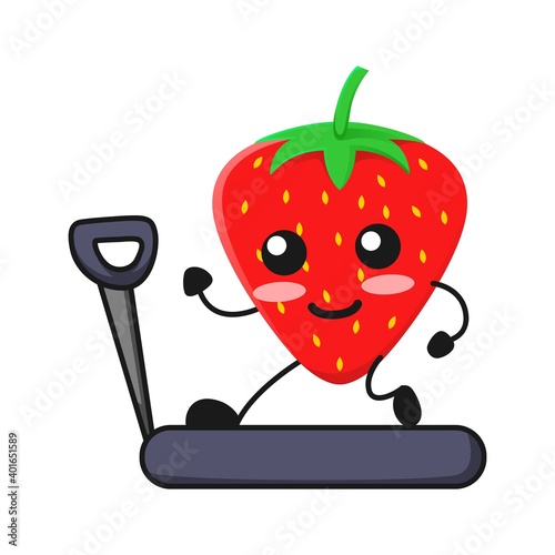 vector illustration of cute strawberry fruit sport or character with treadmil. cute strawberry fruit Concept White Isolated. Flat Cartoon Style Suitable for Landing Page, Banner, Flyer, Sticker.