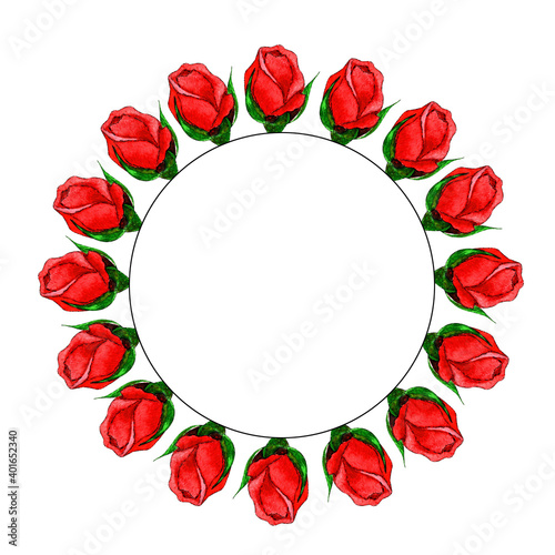 Circle frame with red roses buds isolated on white background.Watercolor hand painted romantic floral illustration for template of birthday and holiday greeting cards postcards invitations posters.