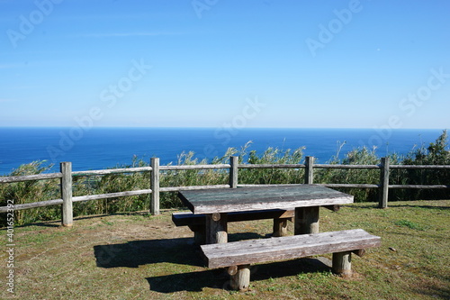 Garden Gazebo, picnic table and chari, at Amagakura observatory, in Tanegashima island, Kagoshima, Japan - 鹿児島県 種子島 天女ヶ倉 展望台のベンチ