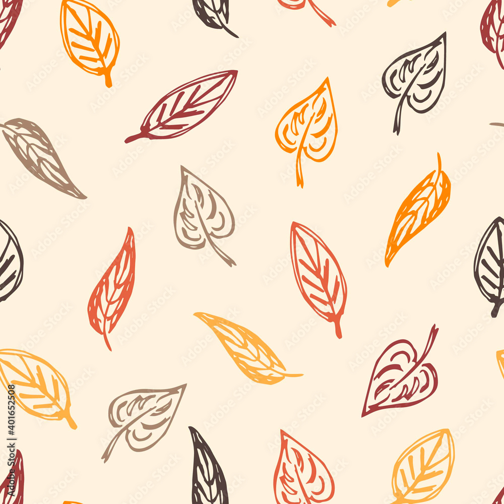 Colored, yellow, orange, brown leaves on a pale pink background. Hand-drawn floral vector seamless pattern. Print for autumn design, fabric, textile products.