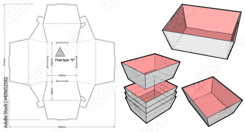 Stackable Tray and Die-cut Pattern. The .eps file is full scale and fully functional. Prepared for real cardboard production.