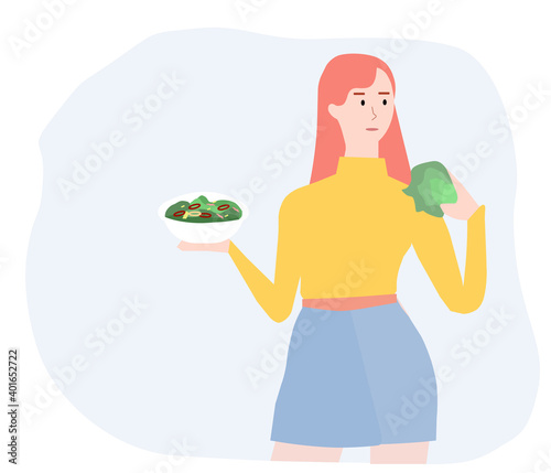 Girl eats salad on a white background, vector graphics