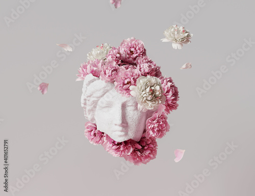Fototapeta Naklejka Na Ścianę i Meble -  3D Ancient woman Statue, white broken stone. Greek,roman  goodness style. Head sculpture pink flowers bouquet on gray background. Nature, Peonies, falling petals. Feminine beauty  abstract 3D render.