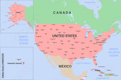 Highly detailed political map of the USA with borders countries and cities