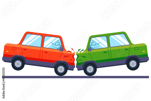 head-on collision of cars on the track. insurance in case of an accident on the road. flat vector illustration isolated on white background.