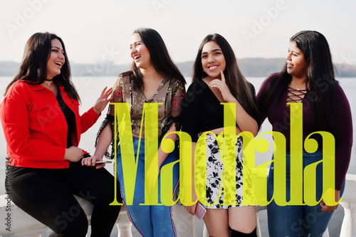 Machala city. Group of four happy and pretty latino girls from Ecuador. photo
