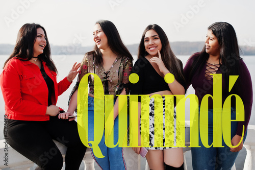 Quininde city. Group of four happy and pretty latino girls from Ecuador. photo