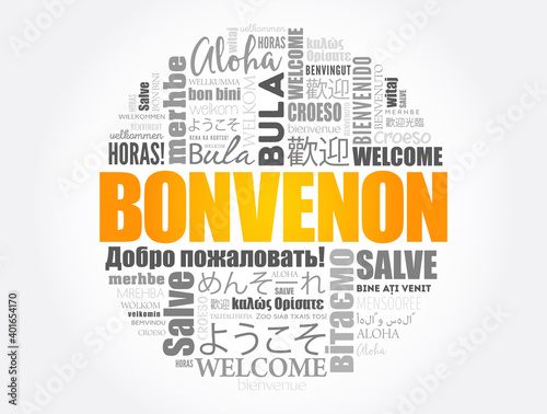 Bonvenon (Welcome in Esperanto) word cloud in different languages photo