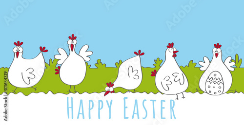 Happy Easter card with funny happy chicken, chicken run, chicken breeding, vector, illustration, cartoon