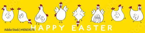 Happy Easter banner with funny chickens, cartoon, vector, illustration
