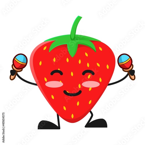 vector illustration of cute strawberry fruit music or character playing maraca. cute strawberry fruit Concept White Isolated. Flat Cartoon Style Suitable for Landing Page, Banner, Flyer, Sticker.