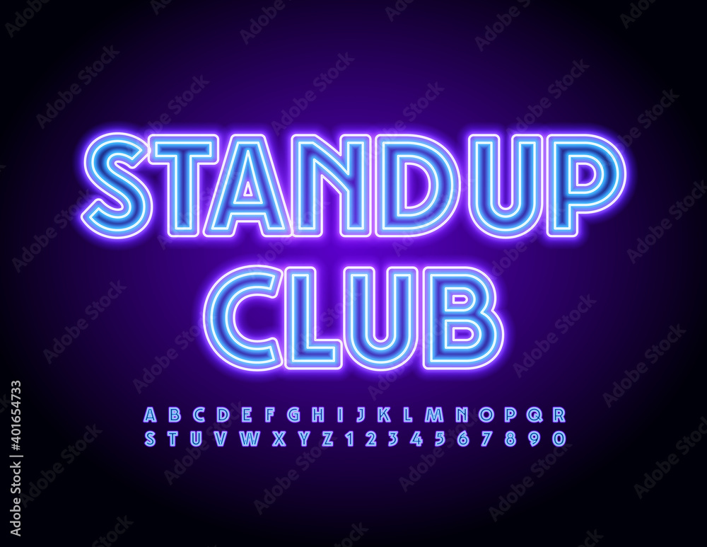 Vector neon flyer Stand Up Club. Glowing light Font. Illuminated Led Alphabet Letters and Numbers set Vector neon flyer Stand Up Club. Glowing light Font. Illuminated Led Alphabet Letters and Numbers set