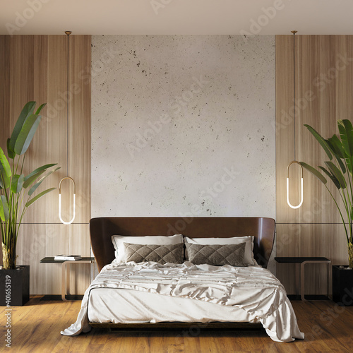 interior of a bedroom with pillows, bedspread and plants  in front of the wooden and concrete wall , 3d render