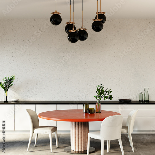 dining room with orange table, white chair, lamp and other decors, 3d render