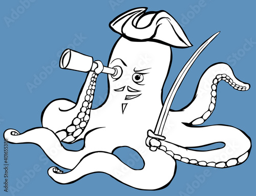 Black and white vector illustration of smiling octopus pirate in cocked hat with mustaches and barb and with telescope and  sabre in tentacles