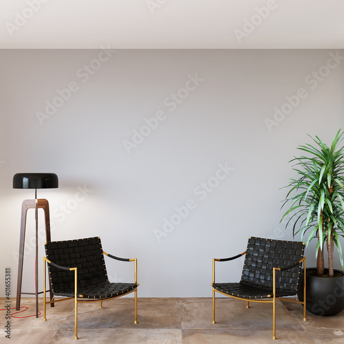 modern living room with furniture, lamp and green plant in front of the empty wall, 3d render
