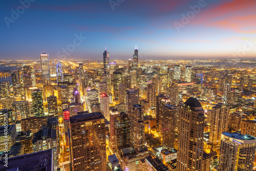 Chicago, Illinois, USA aerial cityscape towards Lake Michigan