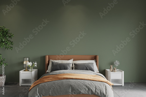 Fototapeta bedroom with bed in front of the green wall, 3d render