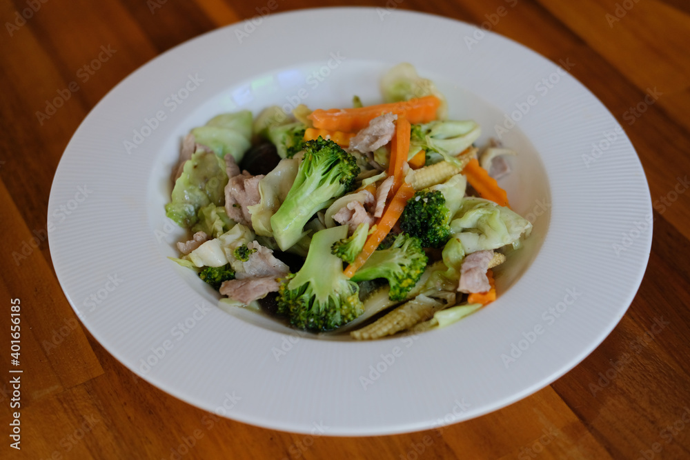 vegetable, broccoli, carrot, baby corn and mushroom stir fried with pork vegetable, broccoli, carrot, baby corn and mushroom stir fried with pork