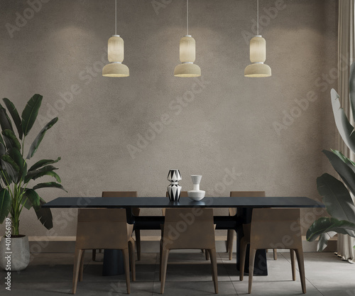Fotografie, Obraz dining room with black table and brown chairs, 3d render