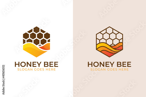 modern hexagonal with sweet honey bee logo, honey labels, drinks products, food sweet symbol two versions