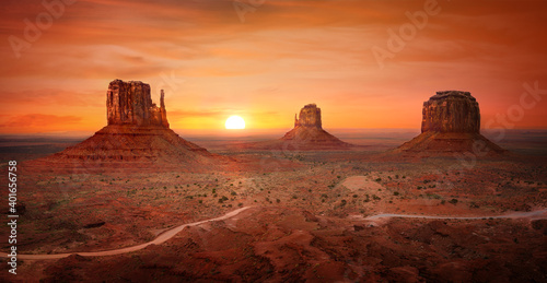 Monument Valley with red and blue sky