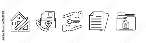 property simple concept icons set. Contains such icons as property type, amenities lease contract  documents and more.Line with editable stroke