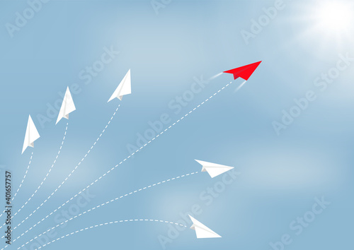 Fototapeta Naklejka Na Ścianę i Meble -  Paper airplane competition with red airplane ahead, business competition leadership ambitious successful goal concept vector illustration