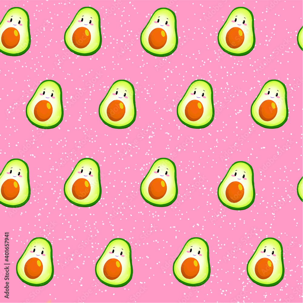 A pattern of avocado , cute and funny kawaii style design. Vector hand drawn illustration with Vegan food, Japanese cute sketch , wallpaper on pink background for packages A pattern of avocado , cute and funny kawaii style design. Vector hand drawn illustration with Vegan food, Japanese cute sketch , wallpaper on pink background for packages