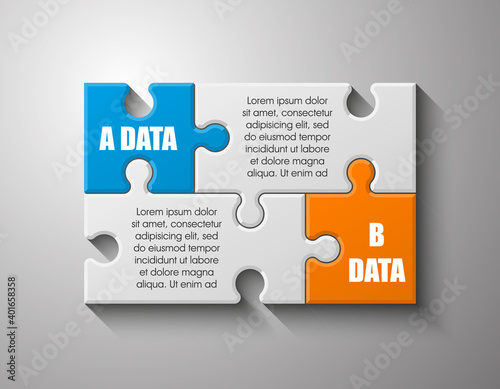Two sided 3d puzzle presentation infographic template with explanatory text field for business statistics