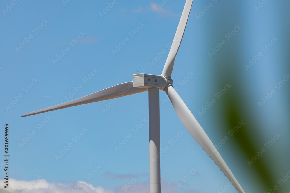 New wind turbine, recently installed in north of Spain, rotates with the wind over the corn fields, community of Aragon. New wind turbine, recently installed in north of Spain, rotates with the wind over the corn fields, community of Aragon.
