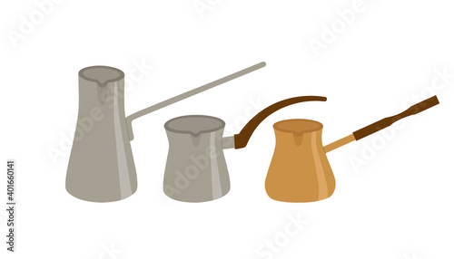 Vector illustration of metal cezve in gray and gold colors. Hand-drawn coffee makers set isolated on white background. Suitable for coffee shops, and illustration of how to brew coffee.