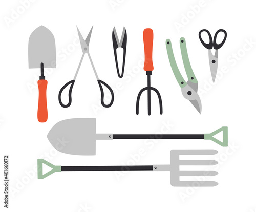 Vector illustration of gardening tools isolated on a white background.  Trowel, rake, pruner, scissors, shovel, and fork. Concept of healthy eating, local farming. Garden care tools.