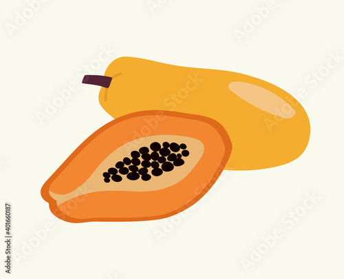 Vector illustration of papaya and half of papaya in different colors on a beige background. Hand-drawn set. Trendy papaya card. Suitable for illustrating healthy eating, recipes, local farm.