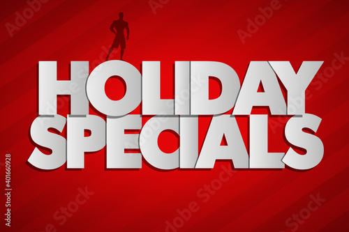 Holiday Specials red banner in pop-art style with the silhouette of a sports man. Illustration background