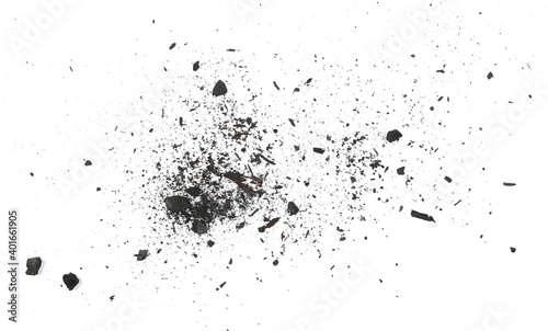 Black charcoal dust, gunpowder isolated on white background and texture, top view © dule964