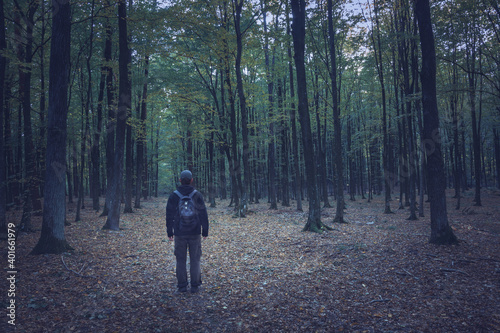A man standing on a path in a dark forest © darekb22