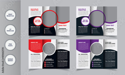 School Admission Tri-Fold Brochure Design Template Vector Illustration, Template Details: 2 Color Version Full Vector Eps file Easy Customization and Editable.