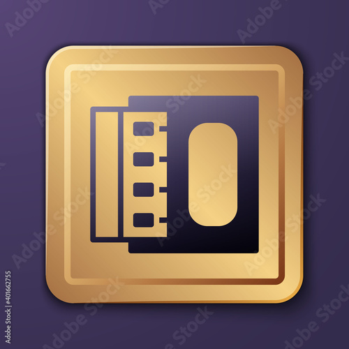 Purple Open matchbox and matches icon isolated on purple background. Gold square button. Vector.
